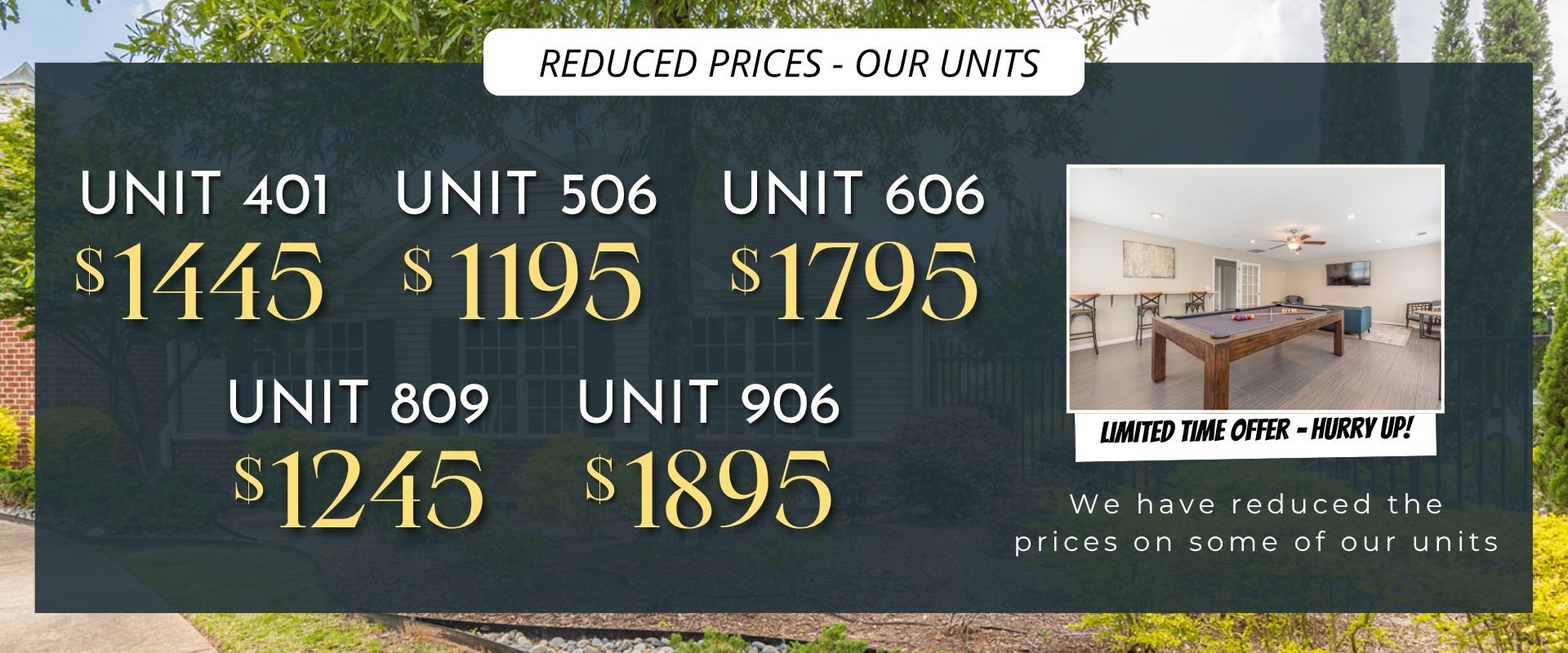 The units and prices are: 401- $1445 506-$1195 606-$1795 809-$1245 906-$1895